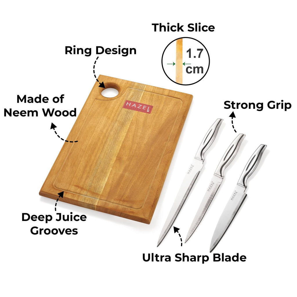 Stainless Steel Sharp Kitchen knife Set of 4|Chef, Paring, Carving Knife & Rect Chopping Board
