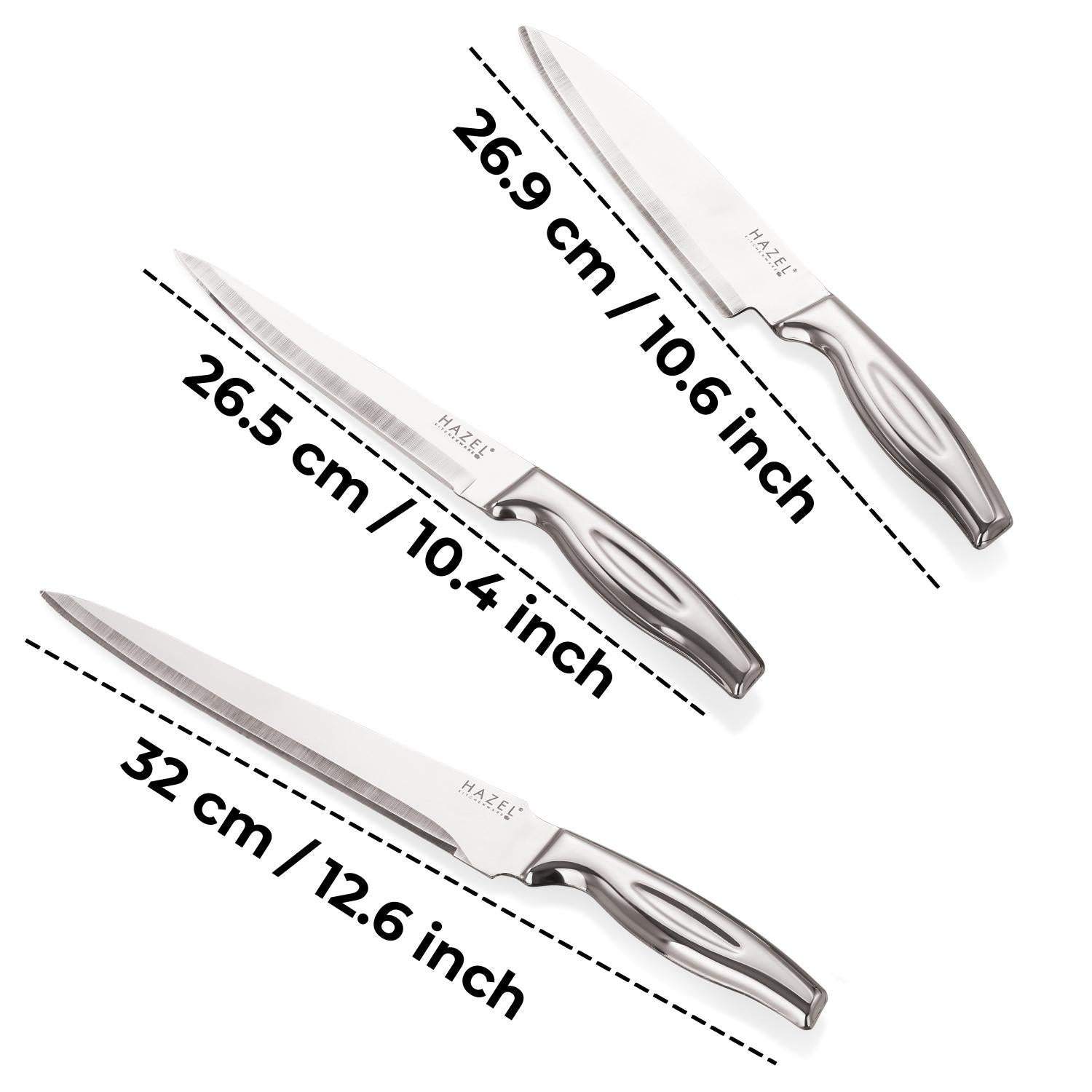 Stainless Steel Sharp Kitchen knife Set of 4|Chef, Paring, Carving Knife & Rect Chopping Board