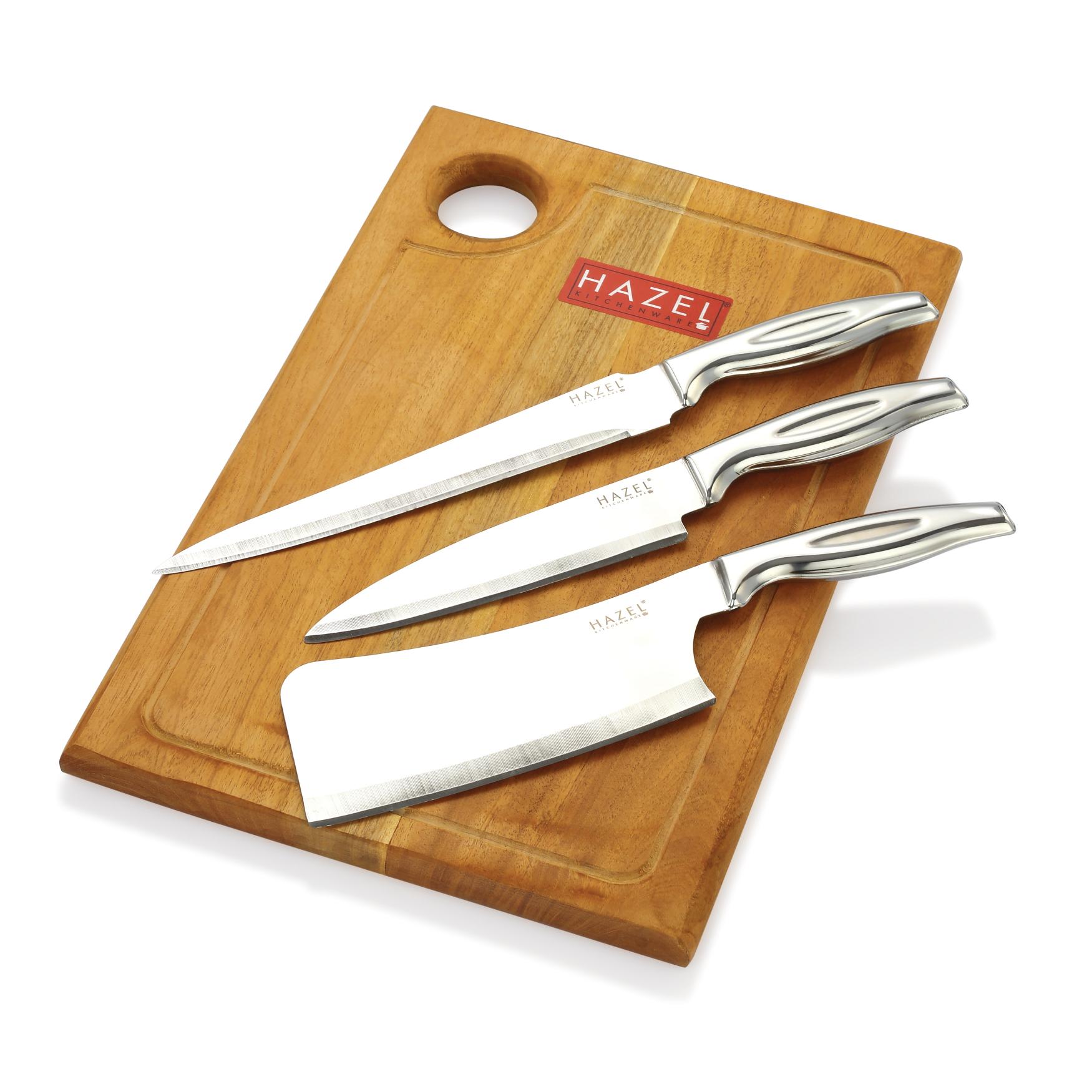 Stainless Steel Sharp Kitchen knife Set of 4|Chef, Carving, Chopper Knife & Rect Chopping Board