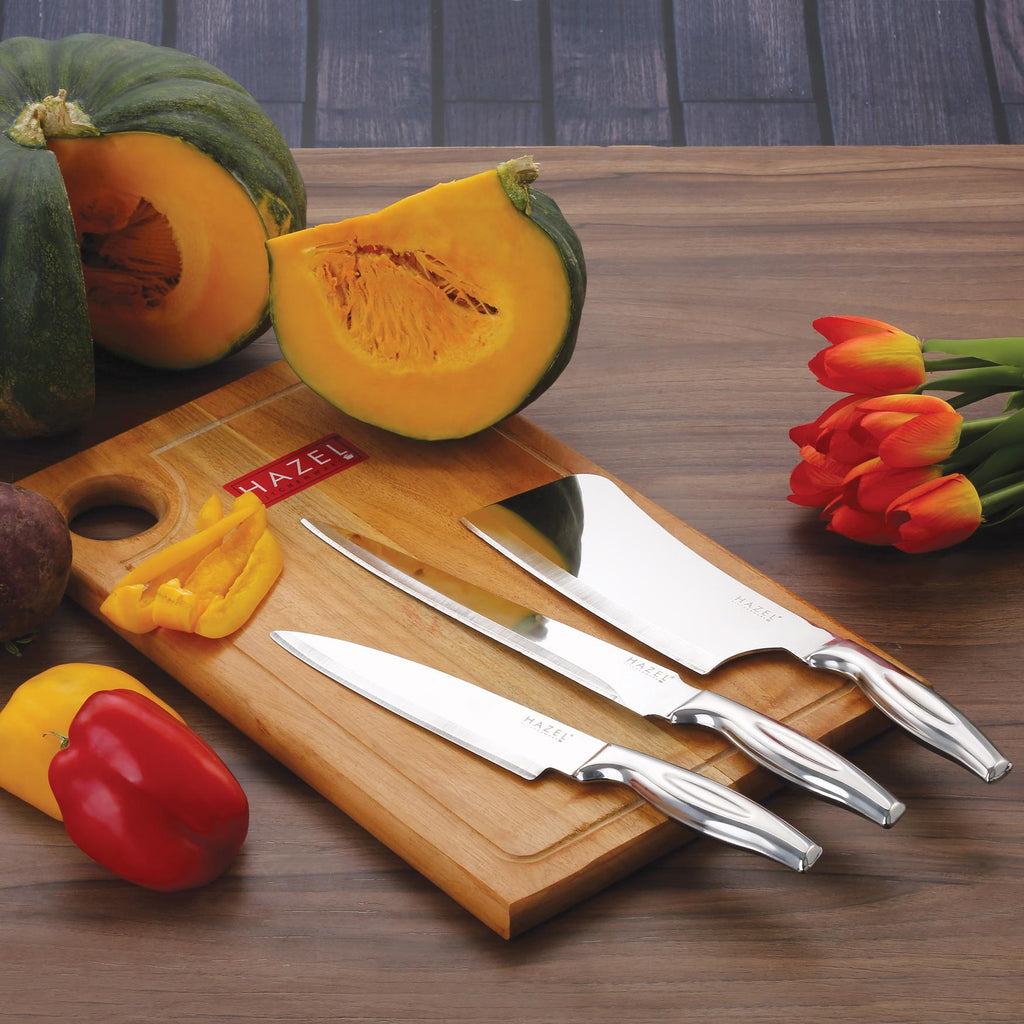 Stainless Steel Sharp Kitchen knife Set of 4|Chef, Carving, Chopper Knife & Rect Chopping Board