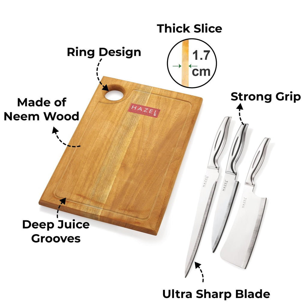 Stainless Steel Sharp Kitchen knife Set of 4|Chef, Carving, Chopper Knife & Rect Chopping Board