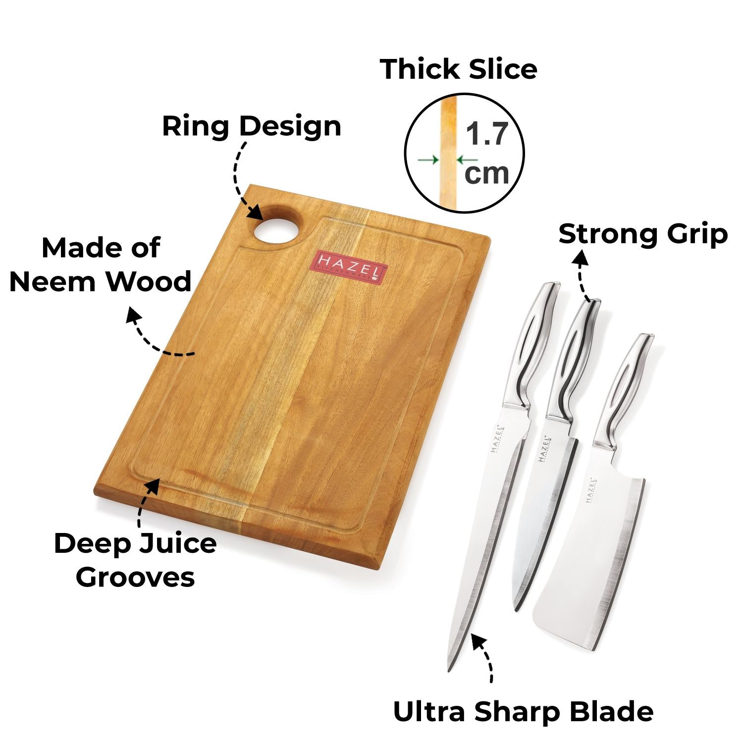 Stainless Steel Sharp Kitchen knife Set of 4|Chef, Carving, Chopper Knife & Rect Chopping Board