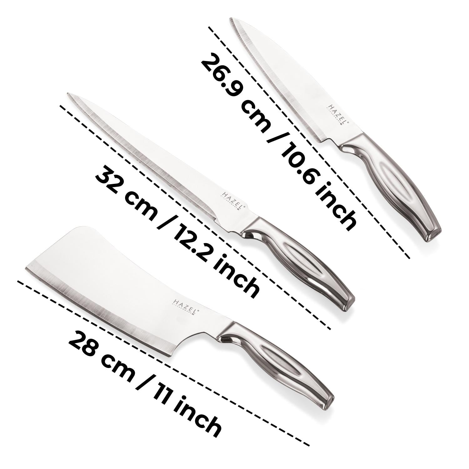 Stainless Steel Sharp Kitchen knife Set of 4|Chef, Carving, Chopper Knife & Rect Chopping Board