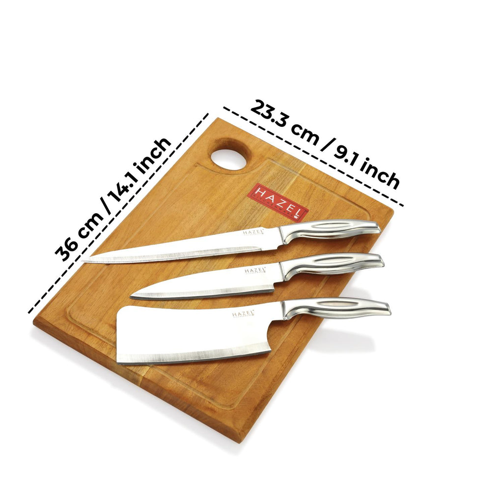 Stainless Steel Sharp Kitchen knife Set of 4|Chef, Carving, Chopper Knife & Rect Chopping Board