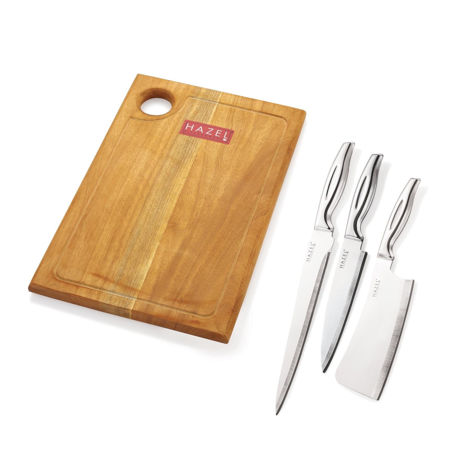 Stainless Steel Sharp Kitchen knife Set of 4|Chef, Carving, Chopper Knife & Rect Chopping Board