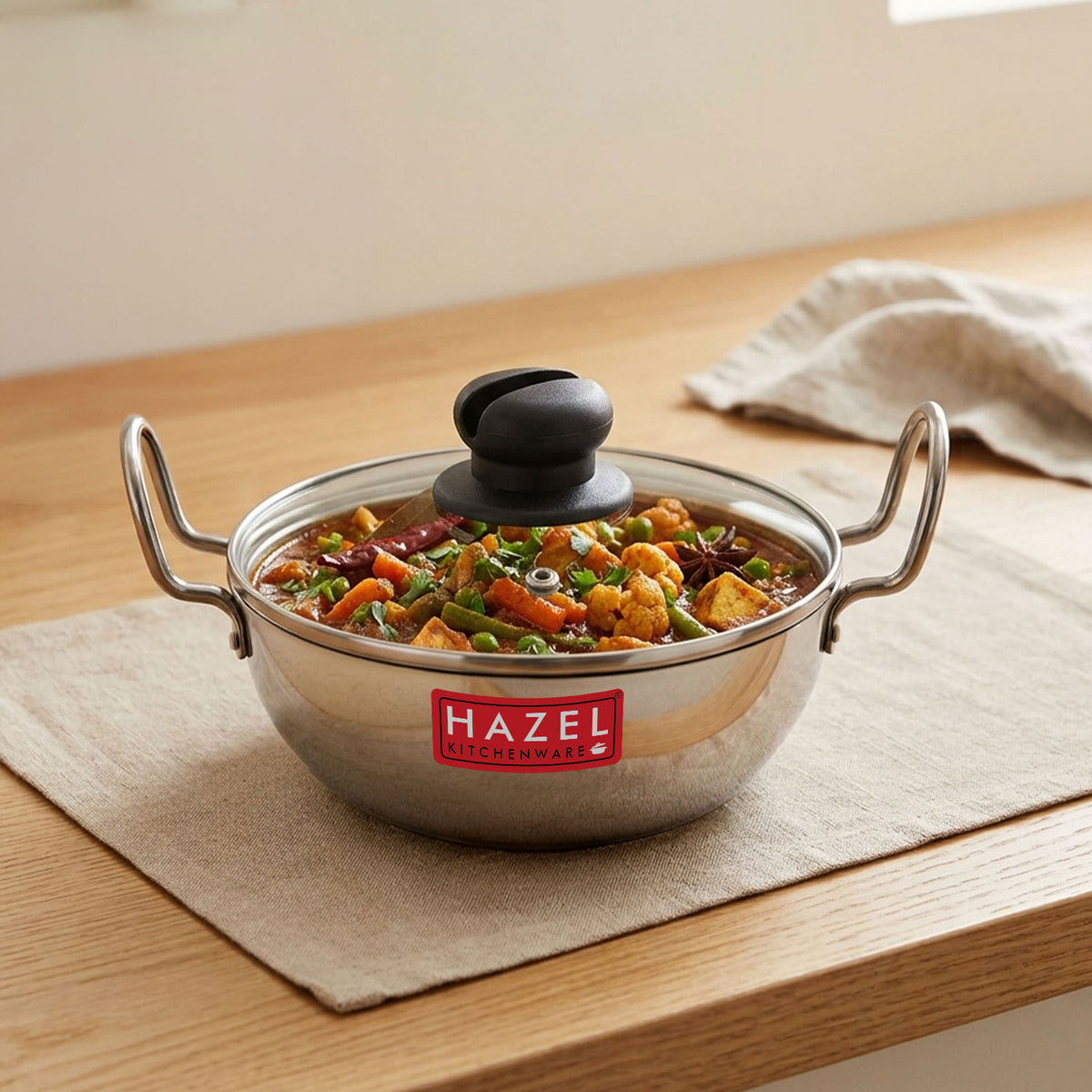 Aluminium Kadai with Glass Lid, 4mm Thick, Induction Base