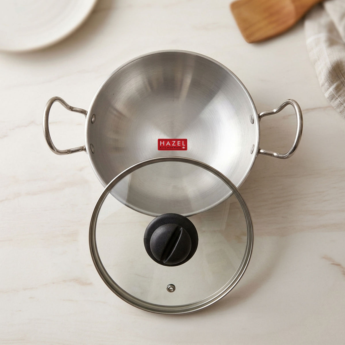 Aluminium Kadai with Glass Lid, 4mm Thick, Induction Base