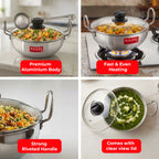 4mm Aluminium Kadai With Glass Lid, 1125 ML, 19cm