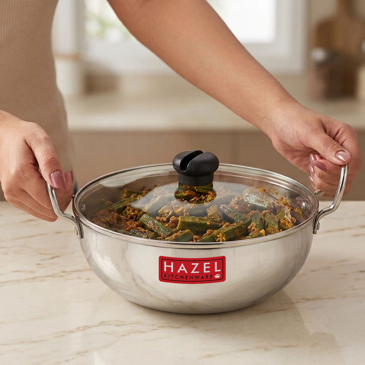Aluminium Kadai with Glass Lid, 4mm Thick, Induction Base