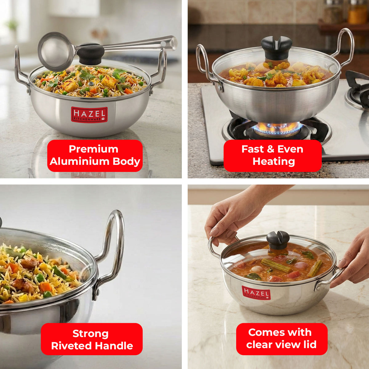 Aluminium Kadai with Glass Lid, 4mm Thick, Induction Base