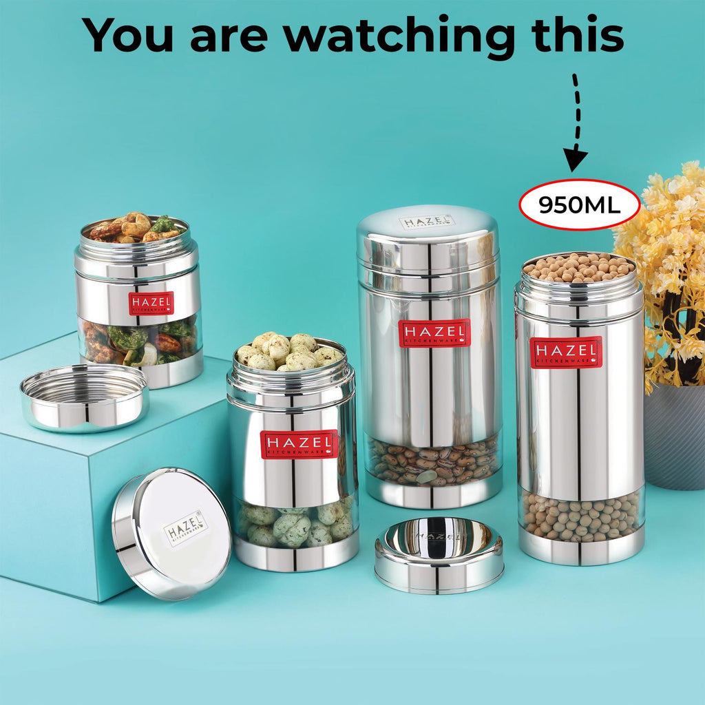 Stainless Steel Airtight Transparent Storage Container, 950 ml, Set of 6