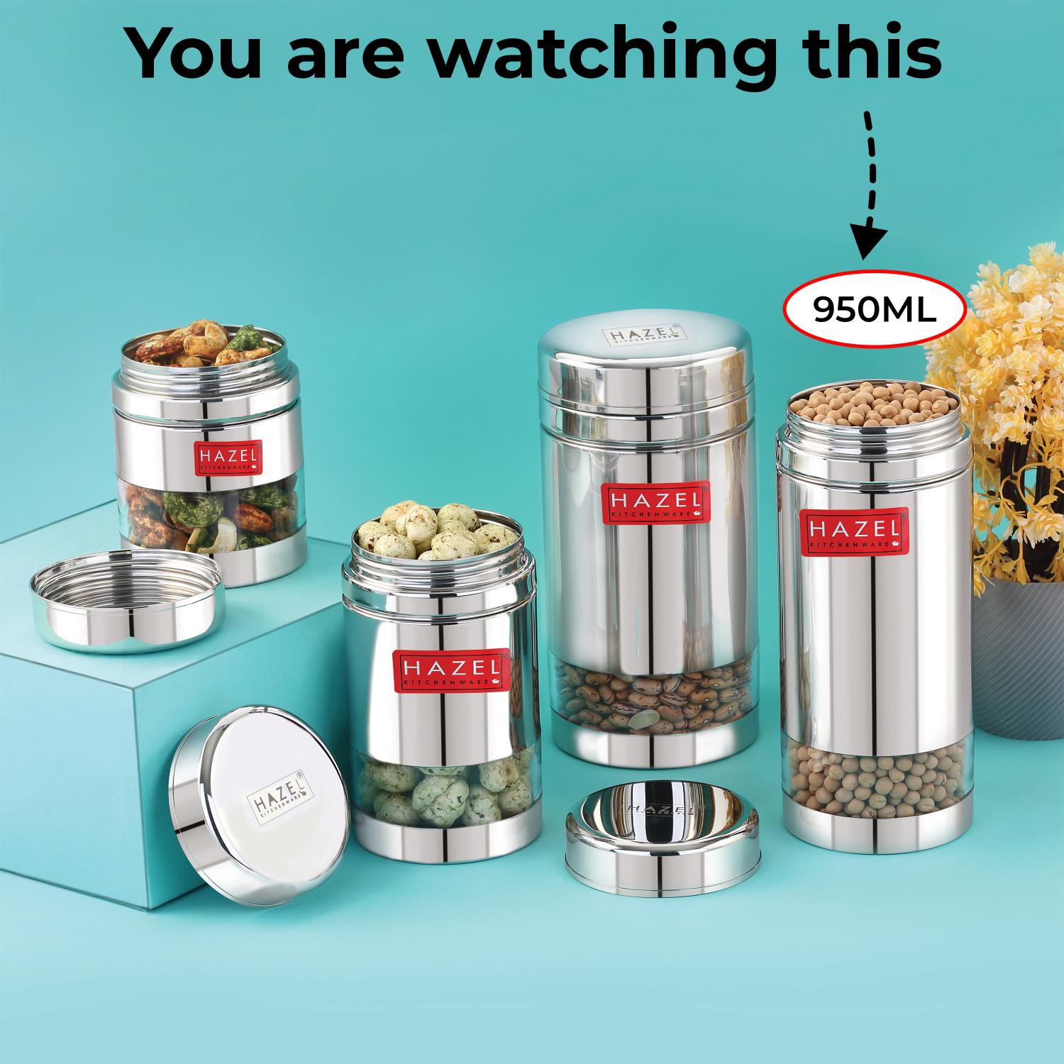 Stainless Steel Airtight Transparent Storage Container, 950 ml, Set of 6