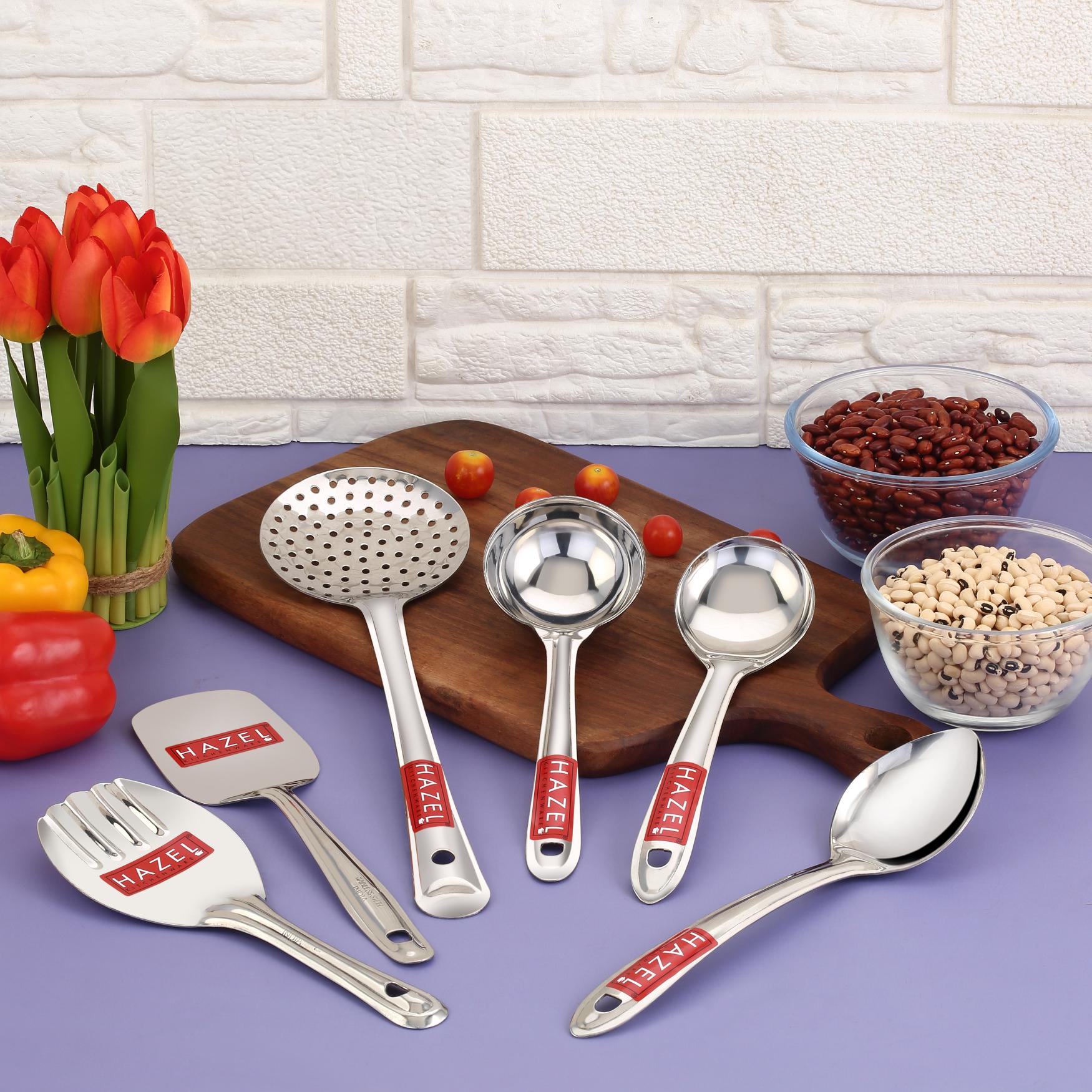 Stainless Steel Kitchen Spoon Set of 6, Ladle & Cooking Tools