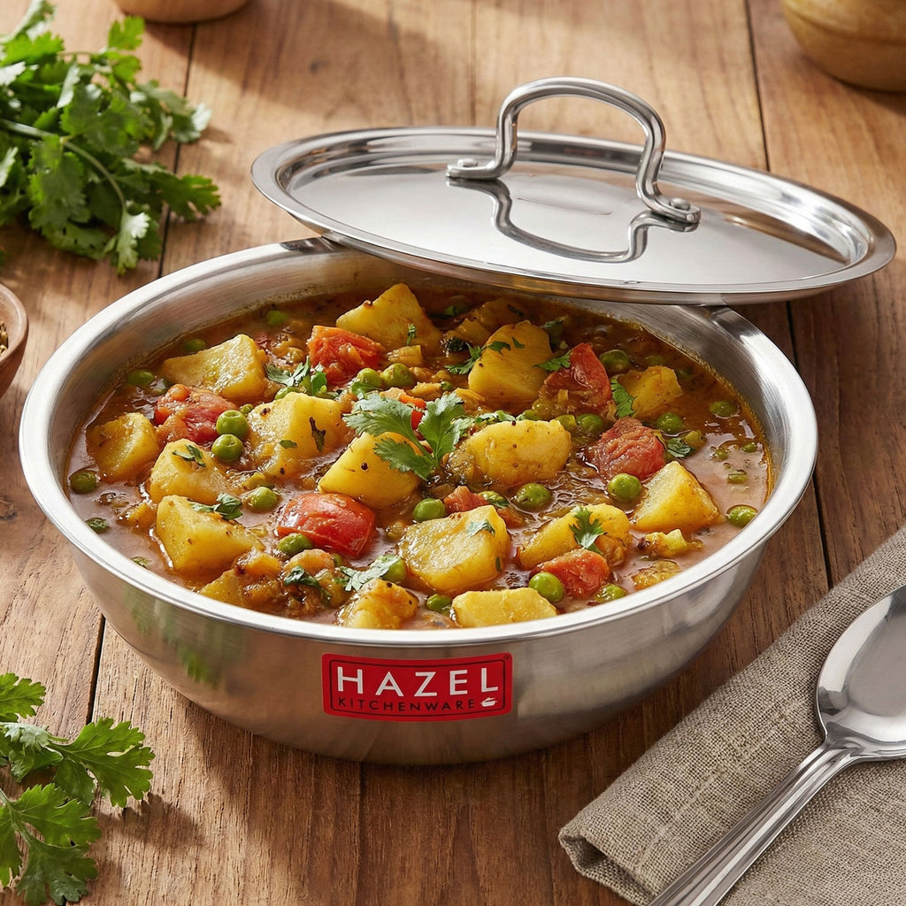 Triply Stainless Steel Induction Tasra with Steel Lid – 5.5 L, 33.8 cm