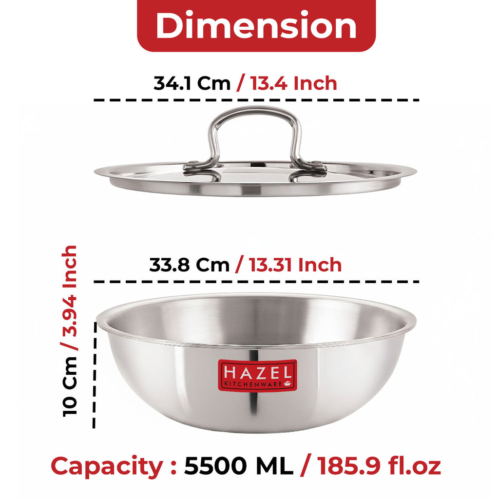 Triply Stainless Steel Induction Tasra with Steel Lid – 5.5 L, 33.8 cm