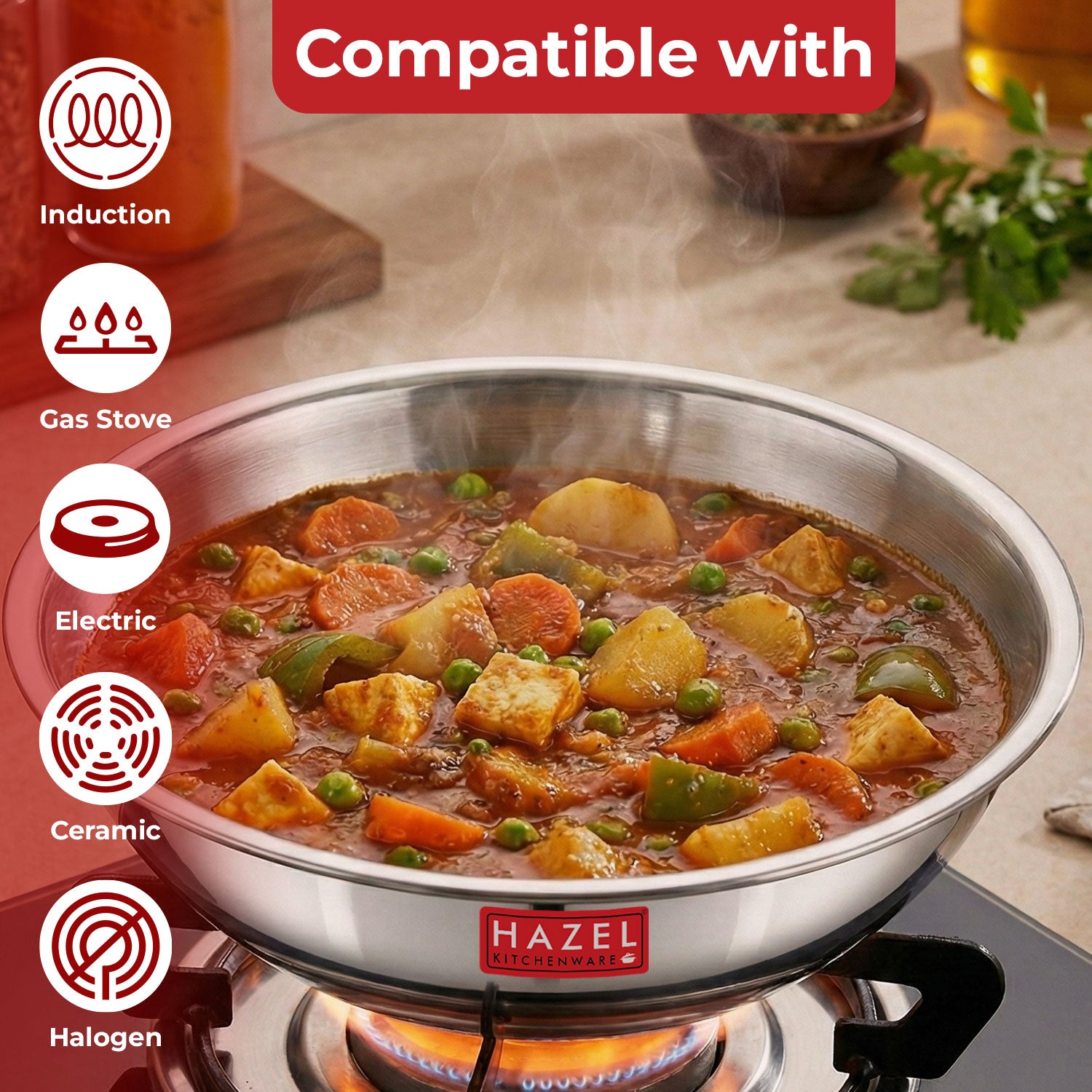 Triply Stainless Steel Induction Tasra with Steel Lid – 5.5 L, 33.8 cm