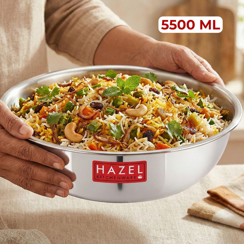 Triply Stainless Steel Induction Tasra with Steel Lid – 5.5 L, 33.8 cm