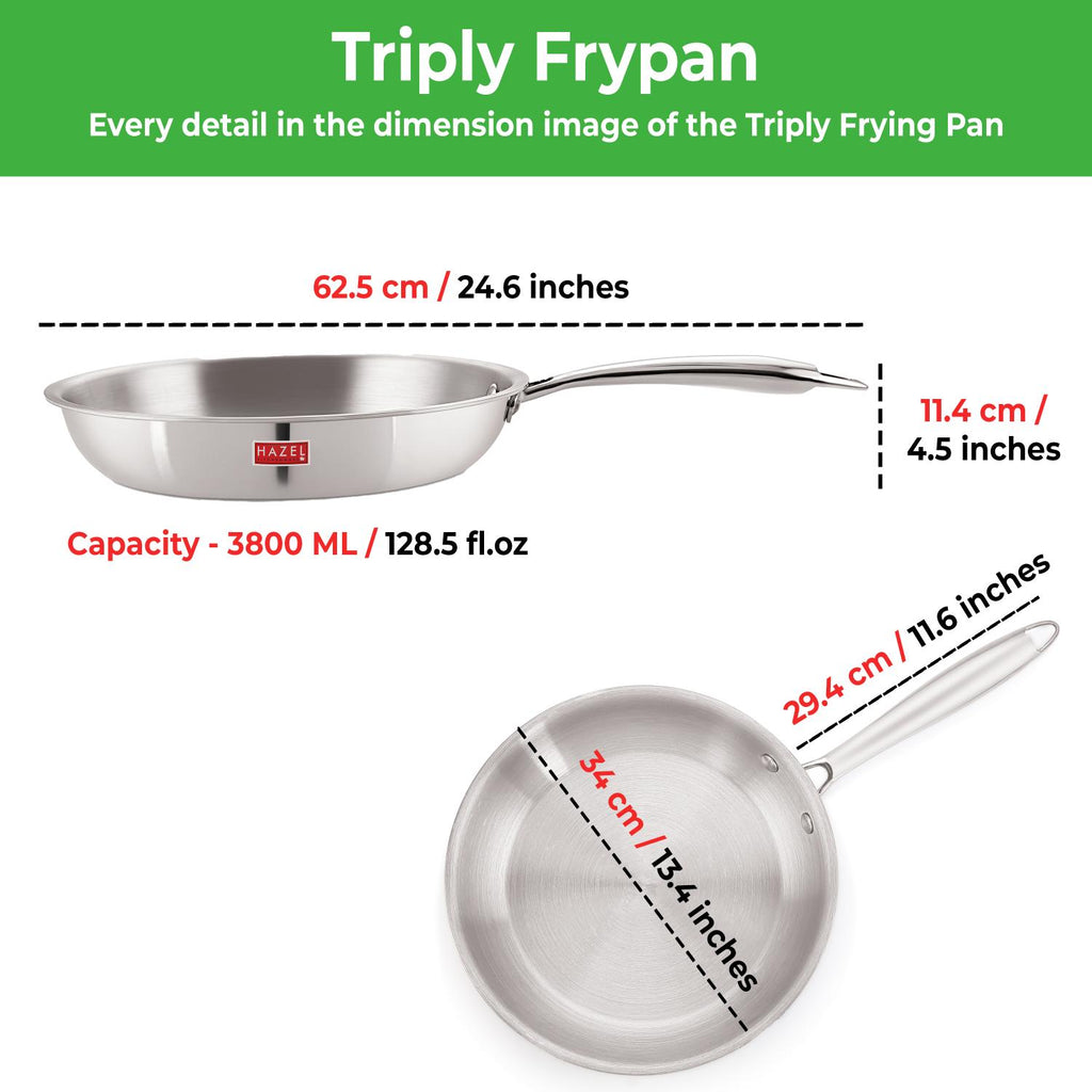 Triply Stainless Steel Induction Bottom Fry Pan With Steel Lid, 3800 ml, 34 cm