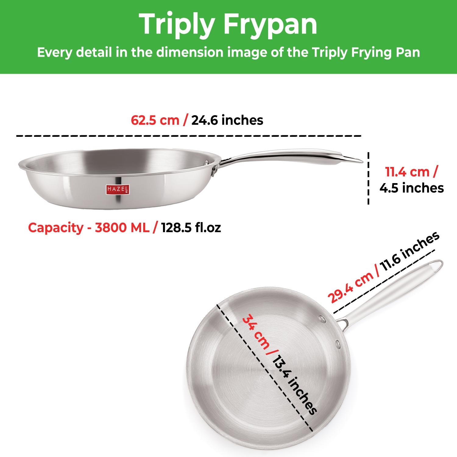 Triply Stainless Steel Induction Bottom Fry Pan With Steel Lid, 3800 ml, 34 cm