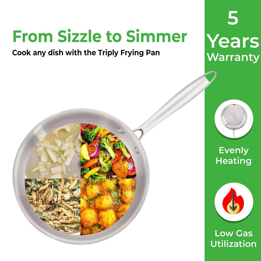 Triply Stainless Steel Induction Bottom Fry Pan With Steel Lid, 3800 ml, 34 cm