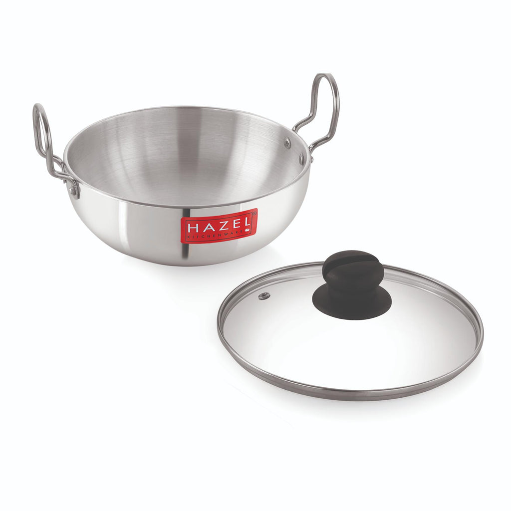 4mm Aluminium Kadhai with Glass Lid, Deep Fry Kadai, 2300ml