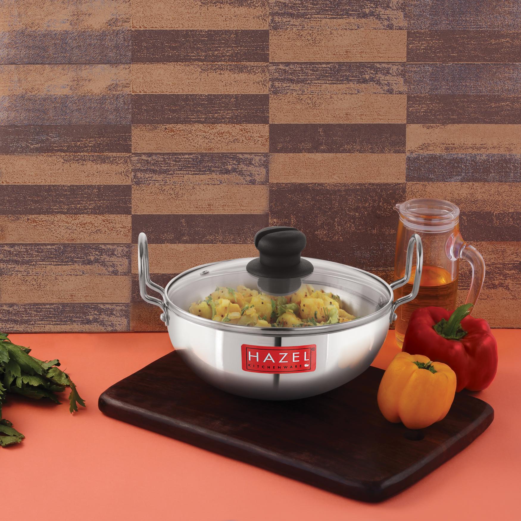 4mm Aluminium Kadhai with Glass Lid, Deep Fry Kadai, 2300ml