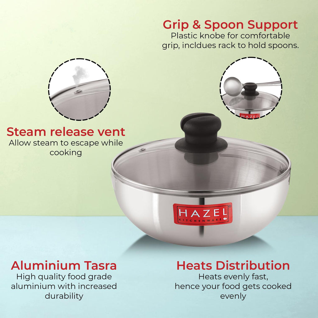 Aluminium Tasra Tasla Cookware with Glass Cover Lid, 2300 ml