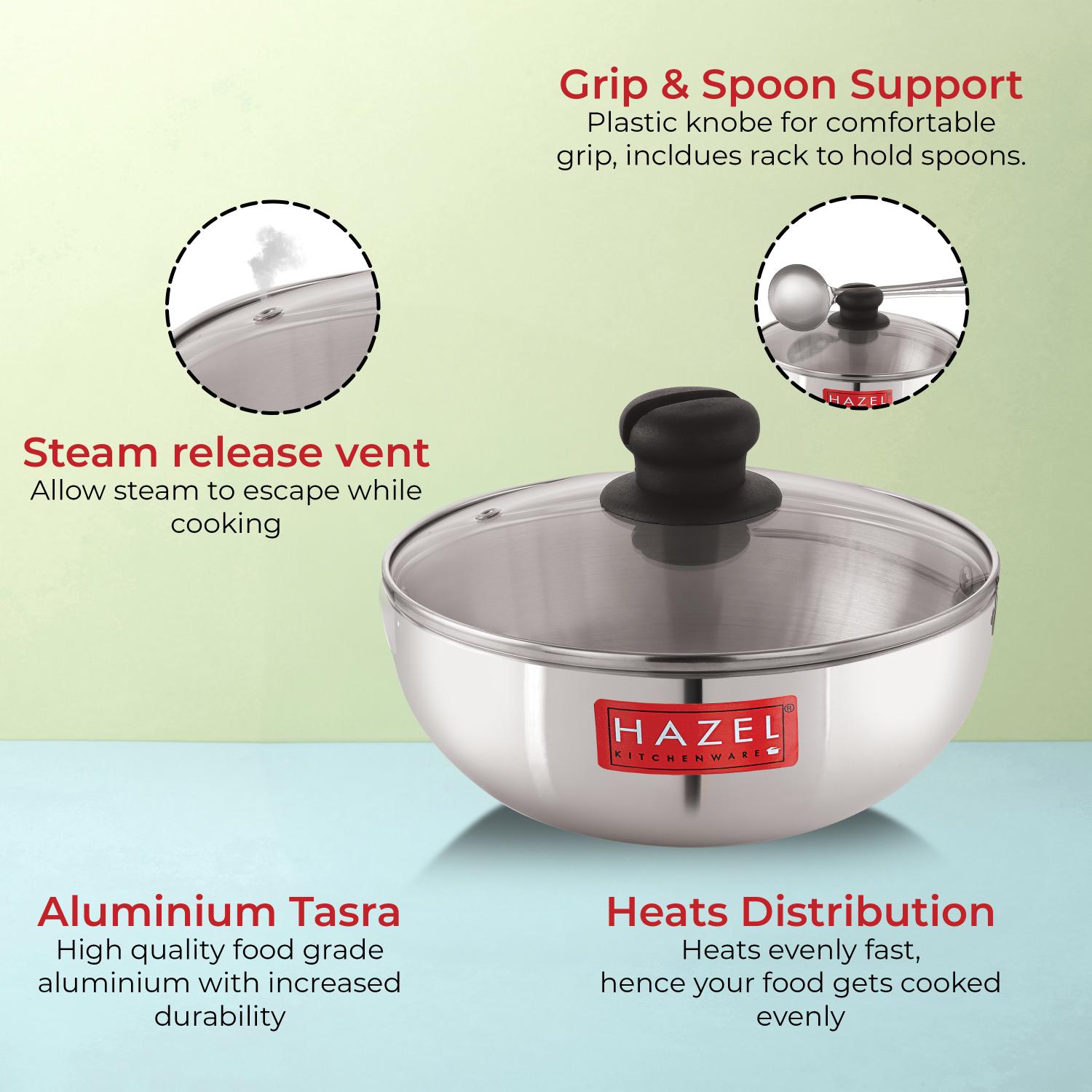 Aluminium Tasra Tasla Cookware with Glass Cover Lid, 2300 ml