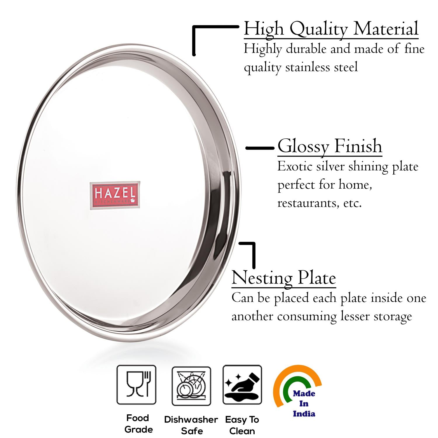 Stainless Steel Dinner Lunch Plate Bhojan Thali, Dia 26.5 cm, Small, Set of 6