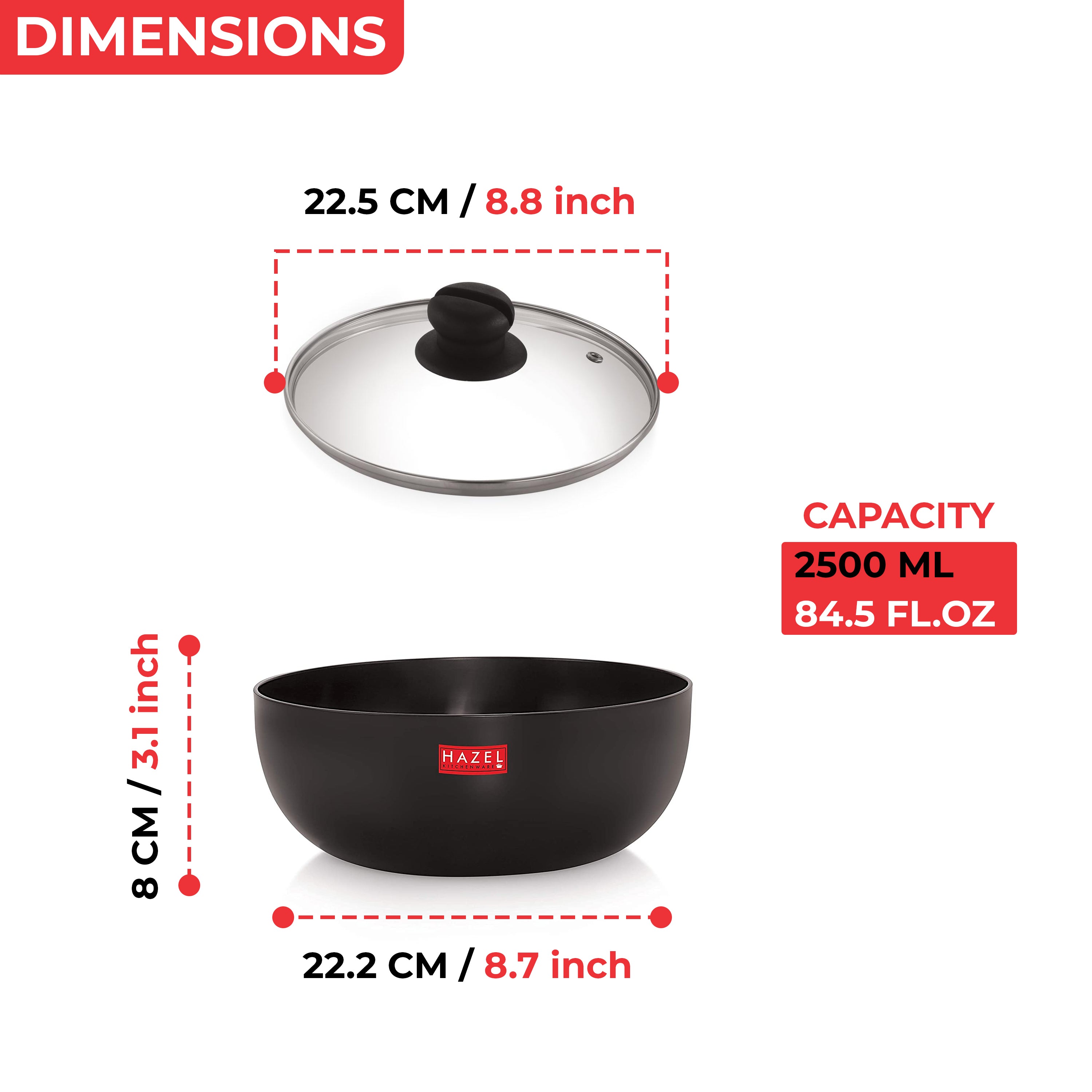 Hard Anodised Tasra Deep Pot, 2500 ml with Lid |Induction & Gas Compatible