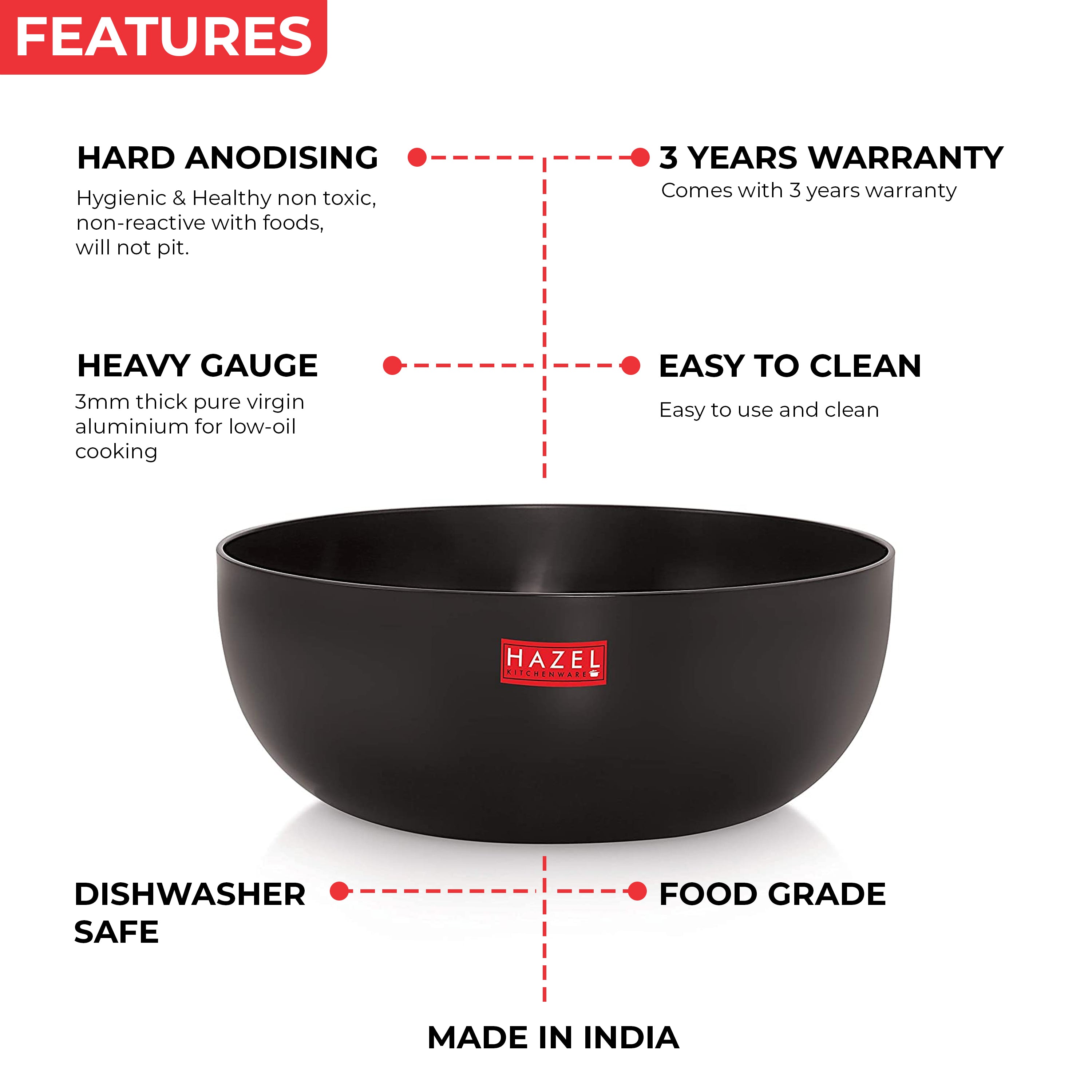 Hard Anodised Tasra Deep Pot, 2500 ml with Lid |Induction & Gas Compatible