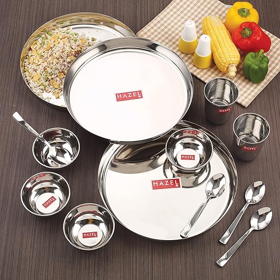 Steel Dinner Set of 6, Plate, Glass, 2 Bowls, Spoon, Dessert Plate