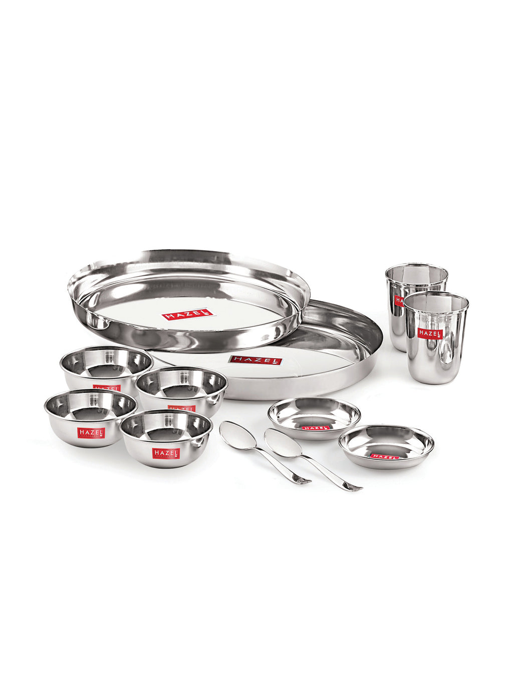 Stainless Steel Dinner Set Of 12, (2 Steel Plate, 2 Steel Glass, 4 Bowl, 2 Spoon, 2 Dessert Plate)