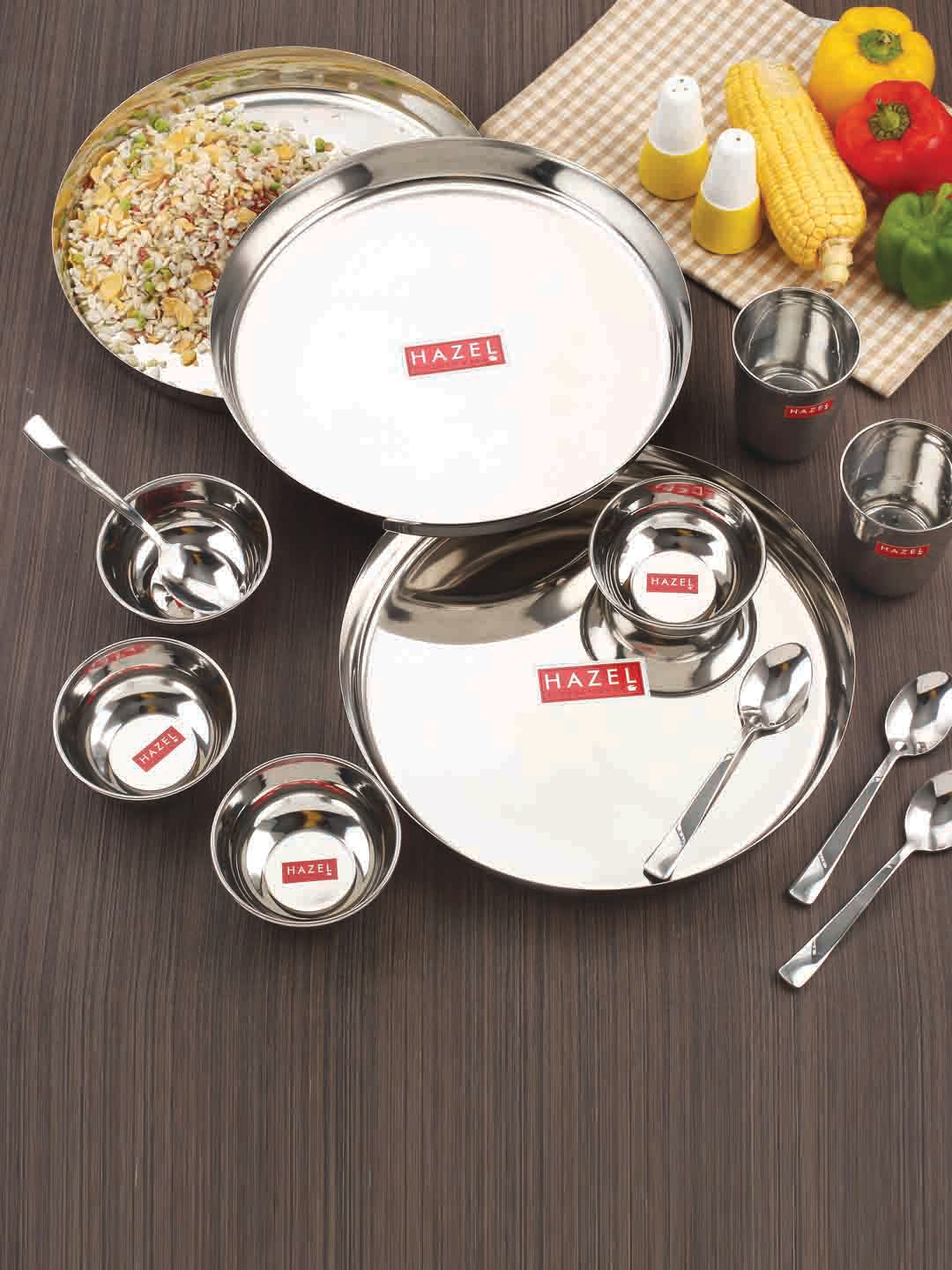 Stainless Steel Dinner Set Of 12, (2 Steel Plate, 2 Steel Glass, 4 Bowl, 2 Spoon, 2 Dessert Plate)