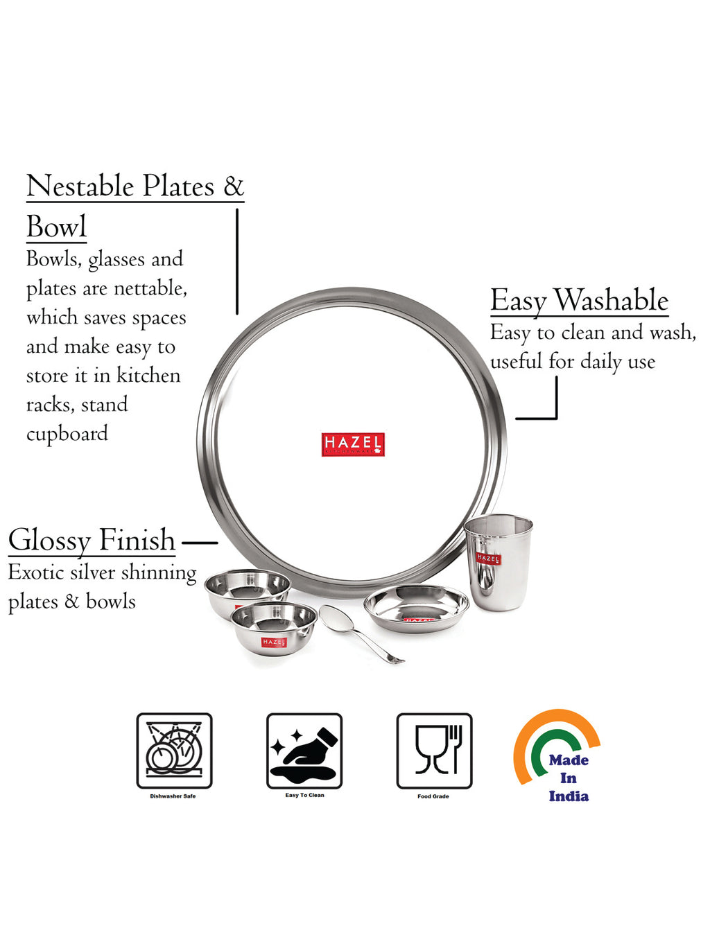 Stainless Steel Dinner Set Of 12, (2 Steel Plate, 2 Steel Glass, 4 Bowl, 2 Spoon, 2 Dessert Plate)