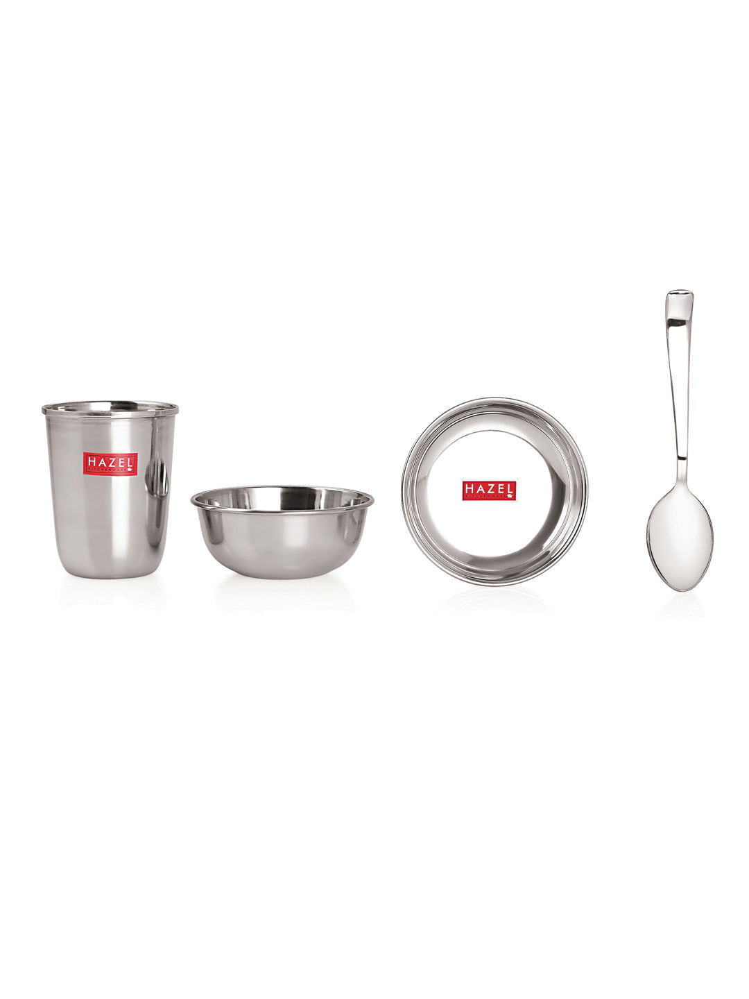 Stainless Steel Dinner Set Of 12, (2 Steel Plate, 2 Steel Glass, 4 Bowl, 2 Spoon, 2 Dessert Plate)