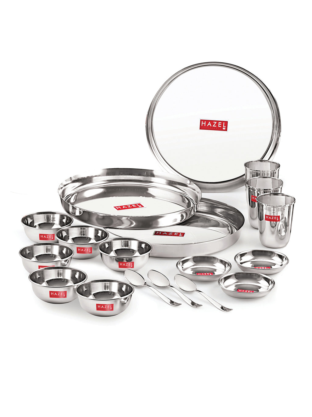 Stainless Steel Dinner Set Of 18, (3 Steel Plate, 3 Steel Glass, 6 Bowl, 3 Spoon Set, 3 Dessert Plate)