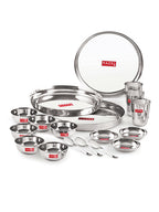 Stainless Steel Dinner Set Of 18, (3 Steel Plate, 3 Steel Glass, 6 Bowl, 3 Spoon Set, 3 Dessert Plate)