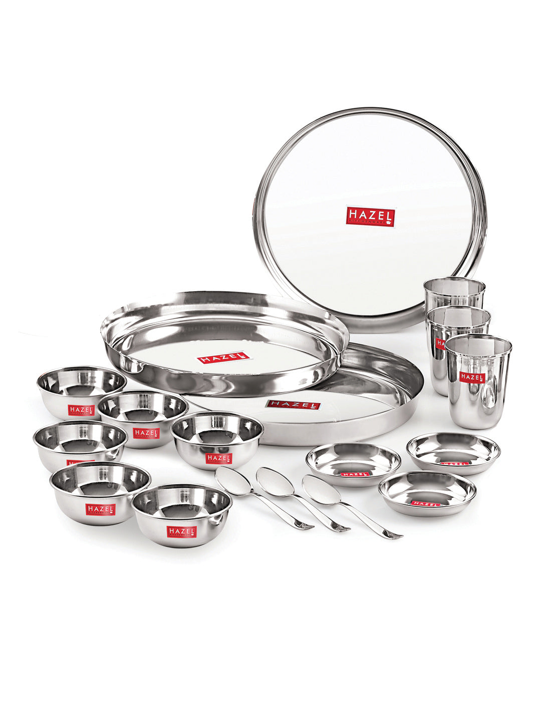 Stainless Steel Dinner Set Of 18, (3 Steel Plate, 3 Steel Glass, 6 Bowl, 3 Spoon Set, 3 Dessert Plate)