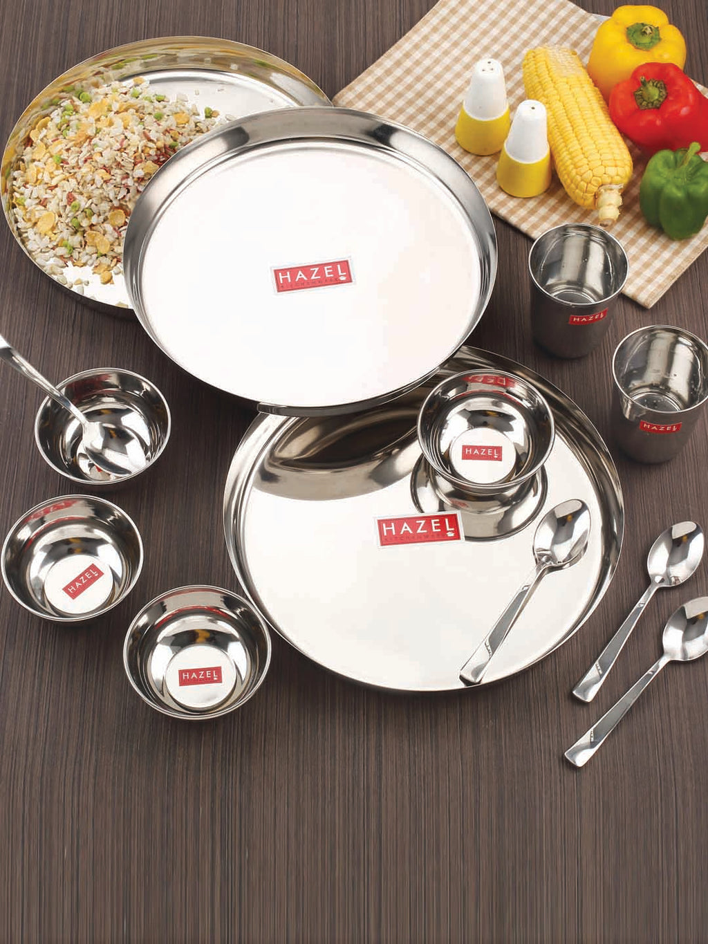 Stainless Steel Dinner Set Of 18, (3 Steel Plate, 3 Steel Glass, 6 Bowl, 3 Spoon Set, 3 Dessert Plate)