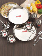Stainless Steel Dinner Set Of 18, (3 Steel Plate, 3 Steel Glass, 6 Bowl, 3 Spoon Set, 3 Dessert Plate)