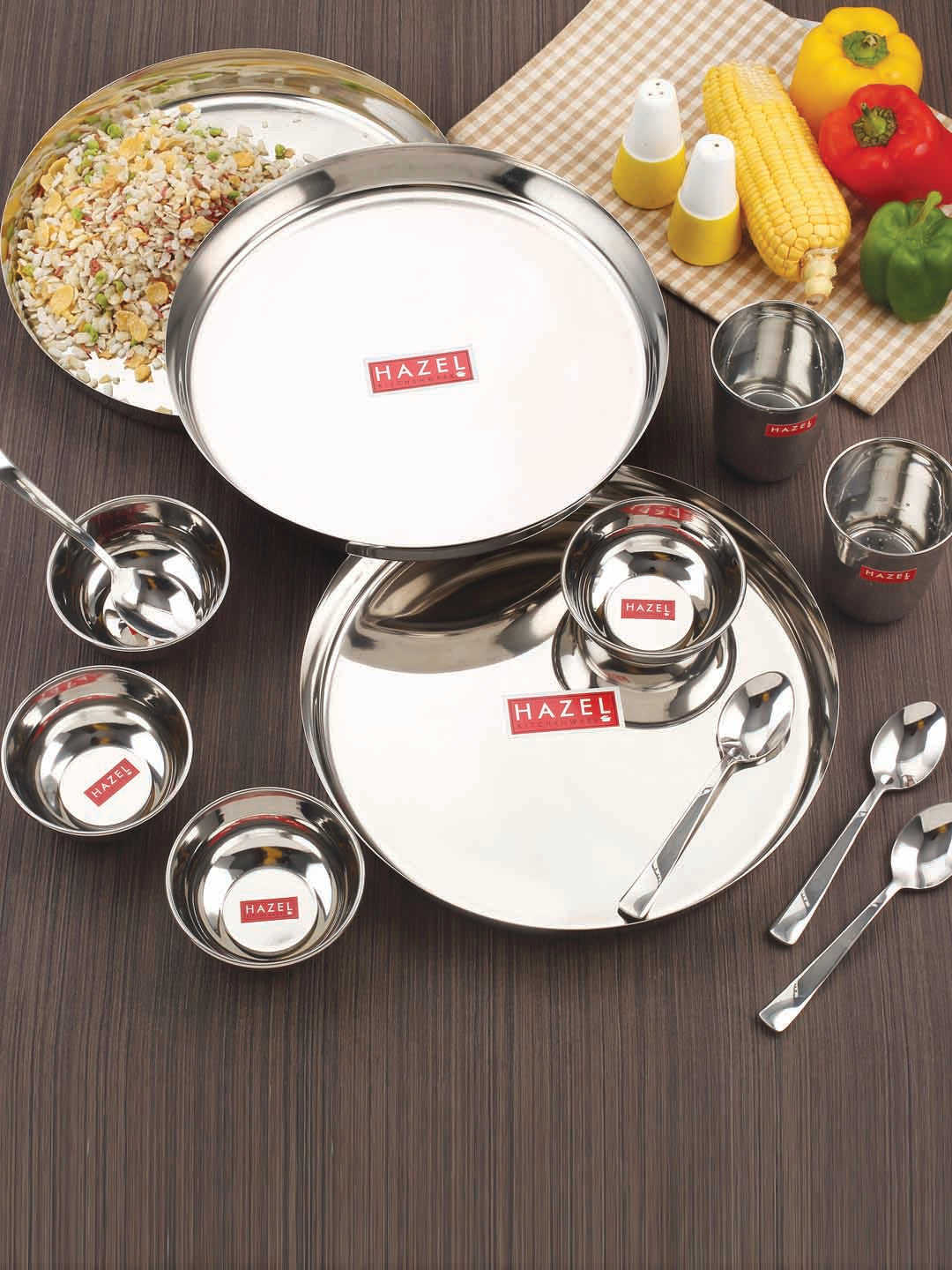 Stainless Steel Dinner Set Of 18, (3 Steel Plate, 3 Steel Glass, 6 Bowl, 3 Spoon Set, 3 Dessert Plate)