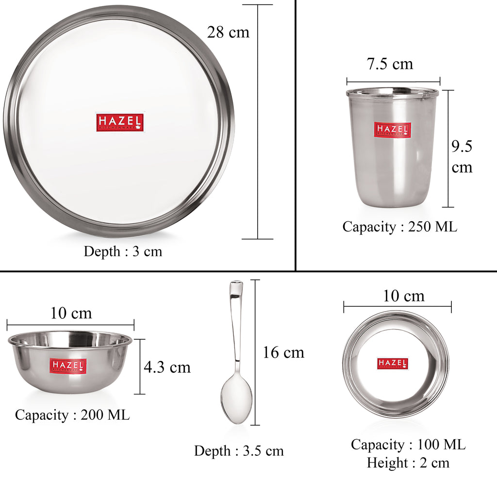 Stainless Steel Dinner Set Of 18, (3 Steel Plate, 3 Steel Glass, 6 Bowl, 3 Spoon Set, 3 Dessert Plate)