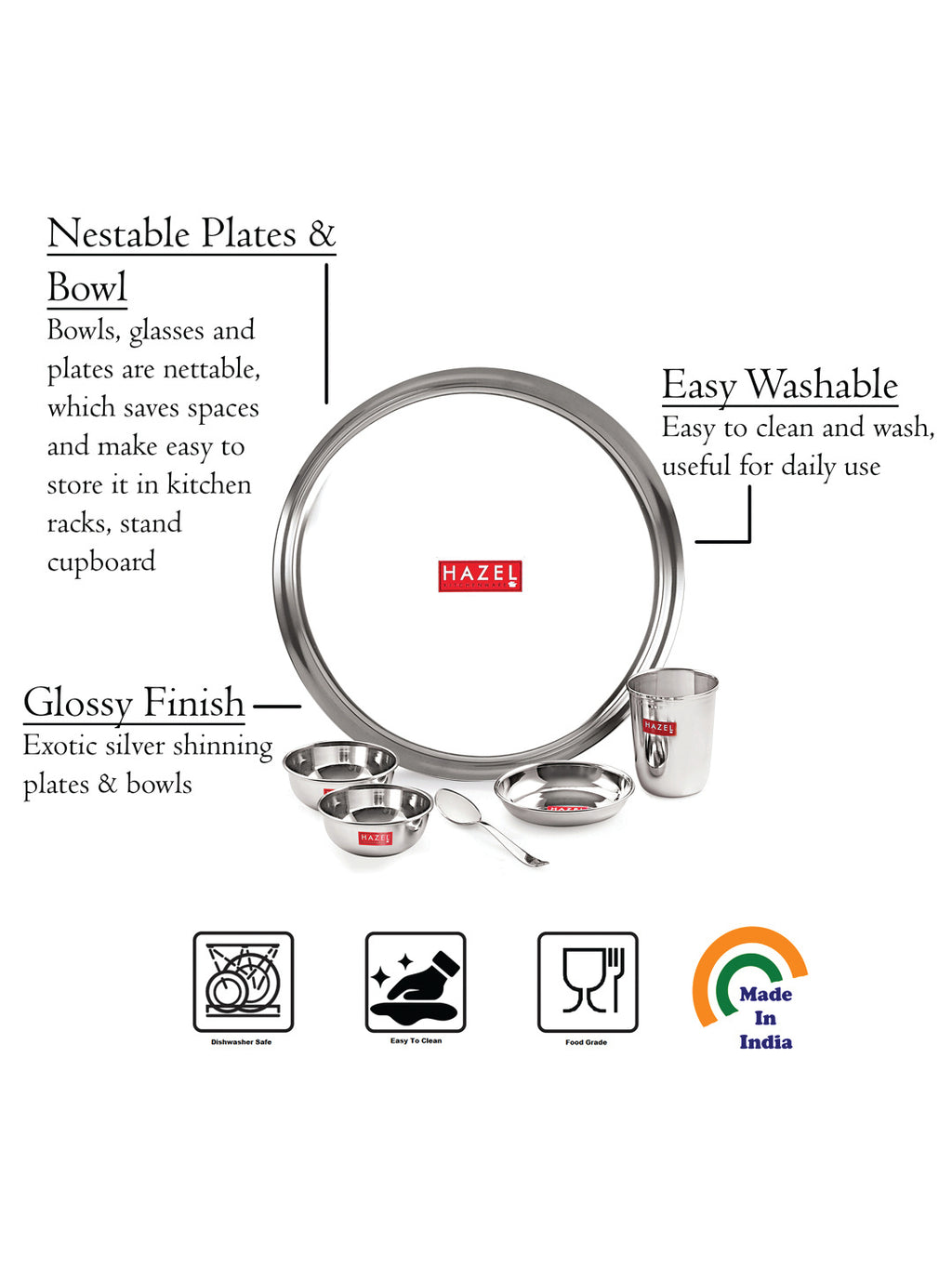 Stainless Steel Dinner Set Of 18, (3 Steel Plate, 3 Steel Glass, 6 Bowl, 3 Spoon Set, 3 Dessert Plate)