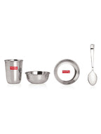 Stainless Steel Dinner Set Of 18, (3 Steel Plate, 3 Steel Glass, 6 Bowl, 3 Spoon Set, 3 Dessert Plate)