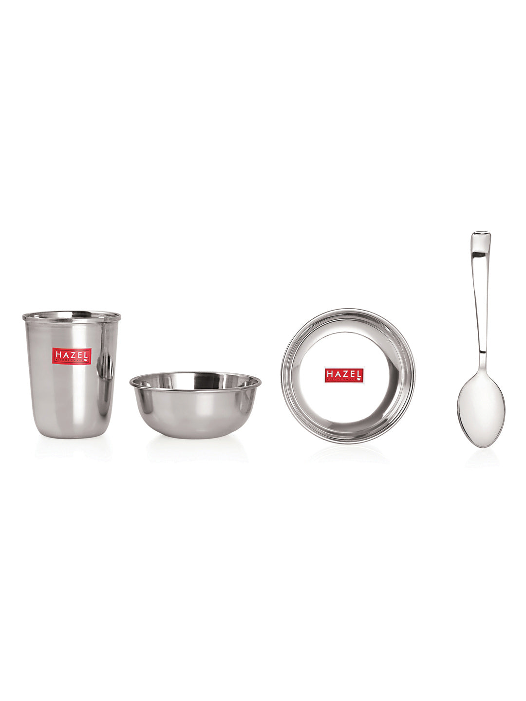 Stainless Steel Dinner Set Of 18, (3 Steel Plate, 3 Steel Glass, 6 Bowl, 3 Spoon Set, 3 Dessert Plate)