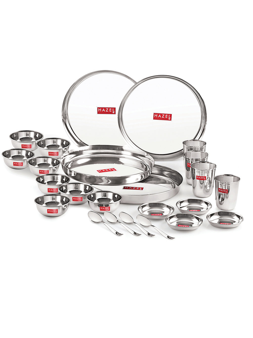 Stainless Steel Dinner Set Of 24, (4 Steel Plate, 4 Steel Glass, 8 Bowl, 4 Spoon Set, 4 Dessert Plate)