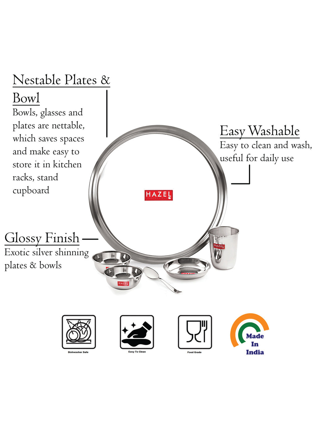 Stainless Steel Dinner Set Of 24, (4 Steel Plate, 4 Steel Glass, 8 Bowl, 4 Spoon Set, 4 Dessert Plate)