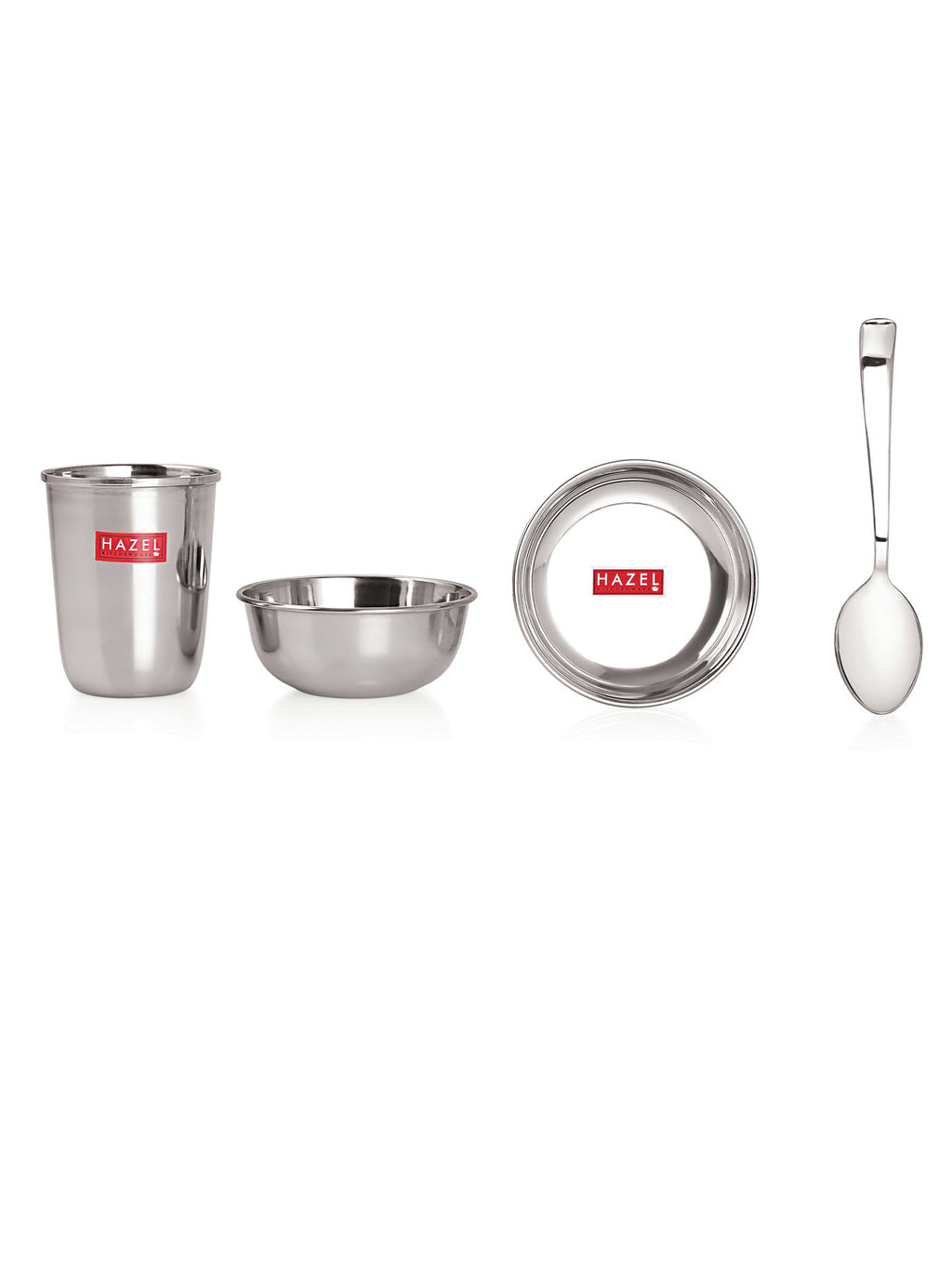 Stainless Steel Dinner Set Of 24, (4 Steel Plate, 4 Steel Glass, 8 Bowl, 4 Spoon Set, 4 Dessert Plate)