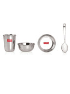 Stainless Steel Dinner Set Of 24, (4 Steel Plate, 4 Steel Glass, 8 Bowl, 4 Spoon Set, 4 Dessert Plate)